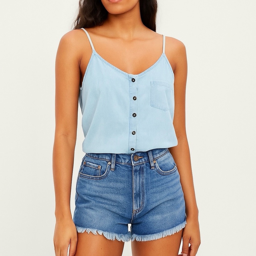 Active USA | Lightweight Henley Chambray Spaghetti Strap Comfy VSCO Tank Top